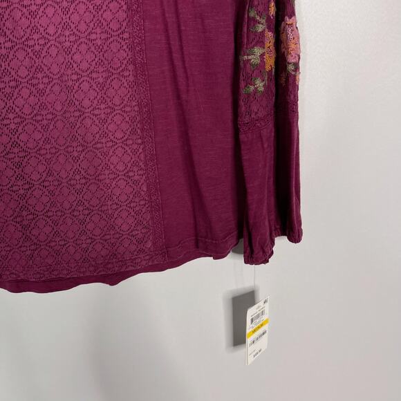 New Style & Co M Merlot Boho Remix Floral Lace Panel Inset Long Sleeve Blouse - Picture 5 of 10